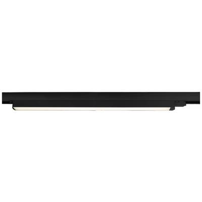 Svart rektangulär taklampa med vitt, lysande område i mitten; modernt, minimalistiskt design.