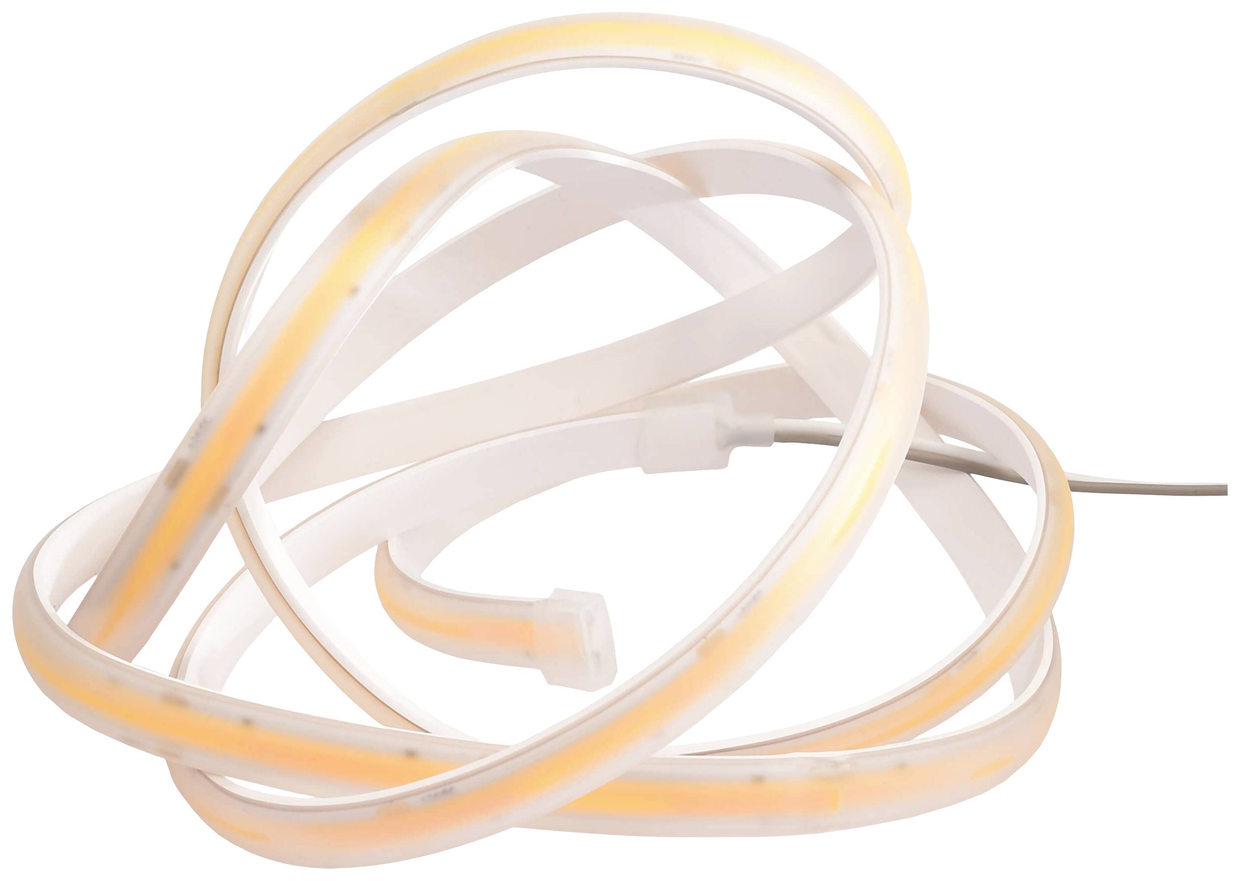 Ett ihoprullar LED-ljusband lyser i varmt vitt. Bandet är flexibelt och visar lysande, jämna ljusränder.