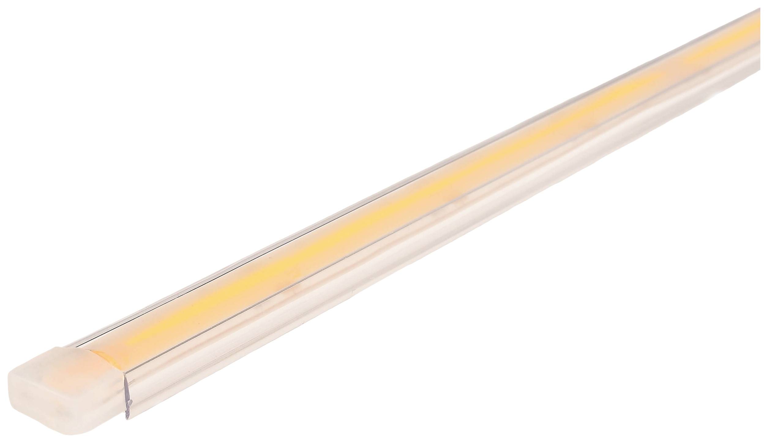 En lång, smal LED-remsa i varmt gult, insvept i ett klart, skyddande hölje. Lämplig för stämningsfull rumsbelysning.