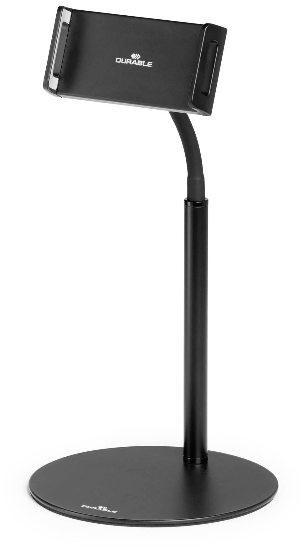 Svart tabletthållare på stabil fot, justerbar, med DURABLE-logotyp högst upp, lämplig för kontor eller presentationer.
