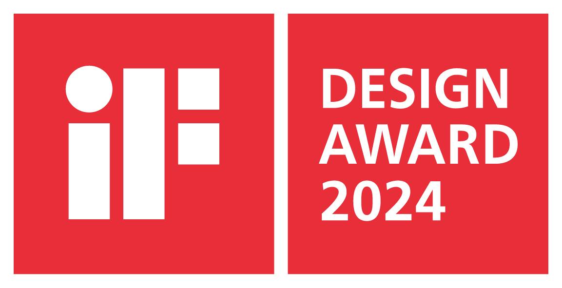 Rött logotyp med vit text 'iF Design Award 2024'. Till vänster finns iF-logotypen, till höger står namnet på priset.