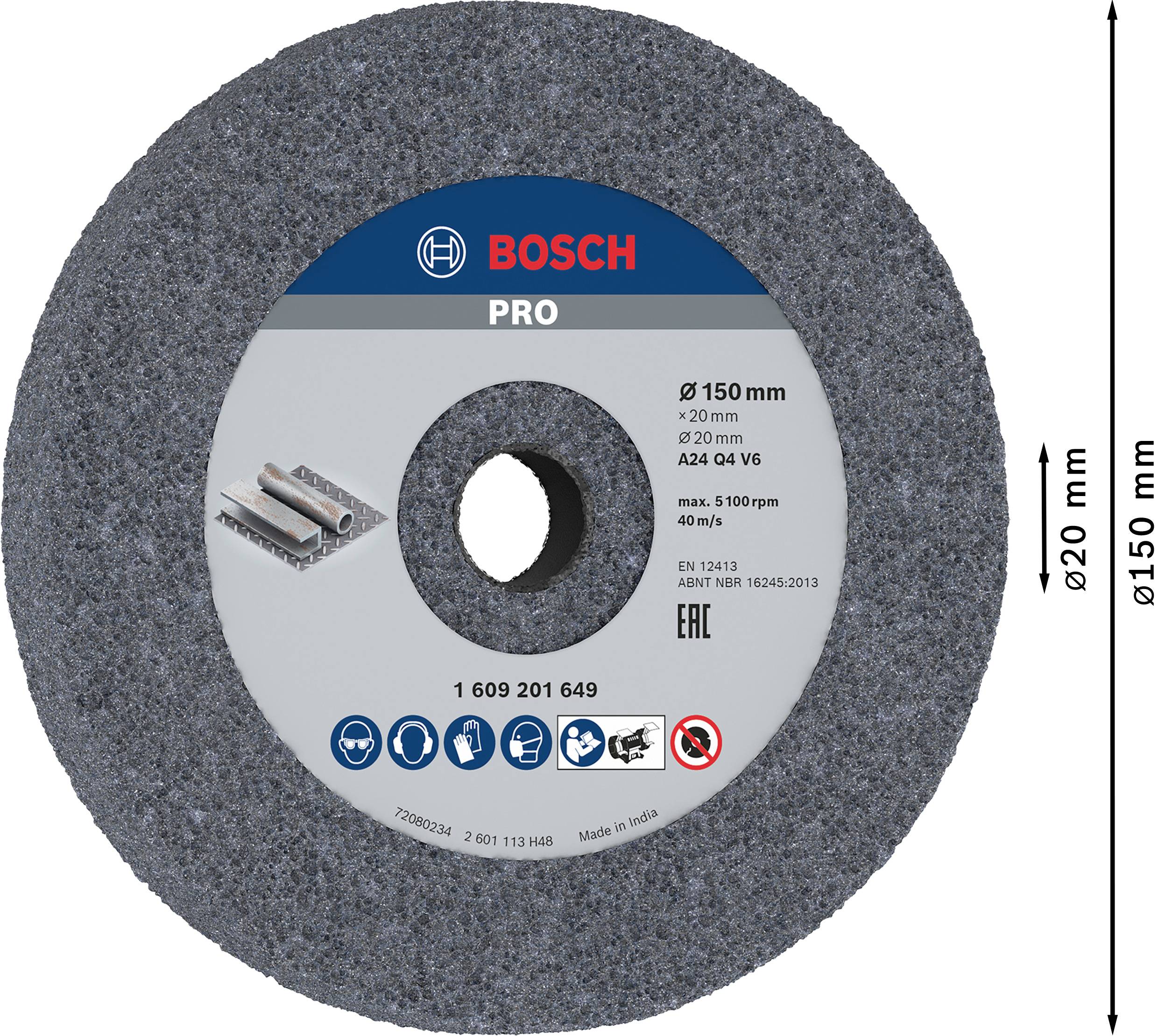 Slipskiva av märket Bosch, diameter 150 mm, borrning 20 mm, lämplig för metallslipning, max. 5100 v/min.
