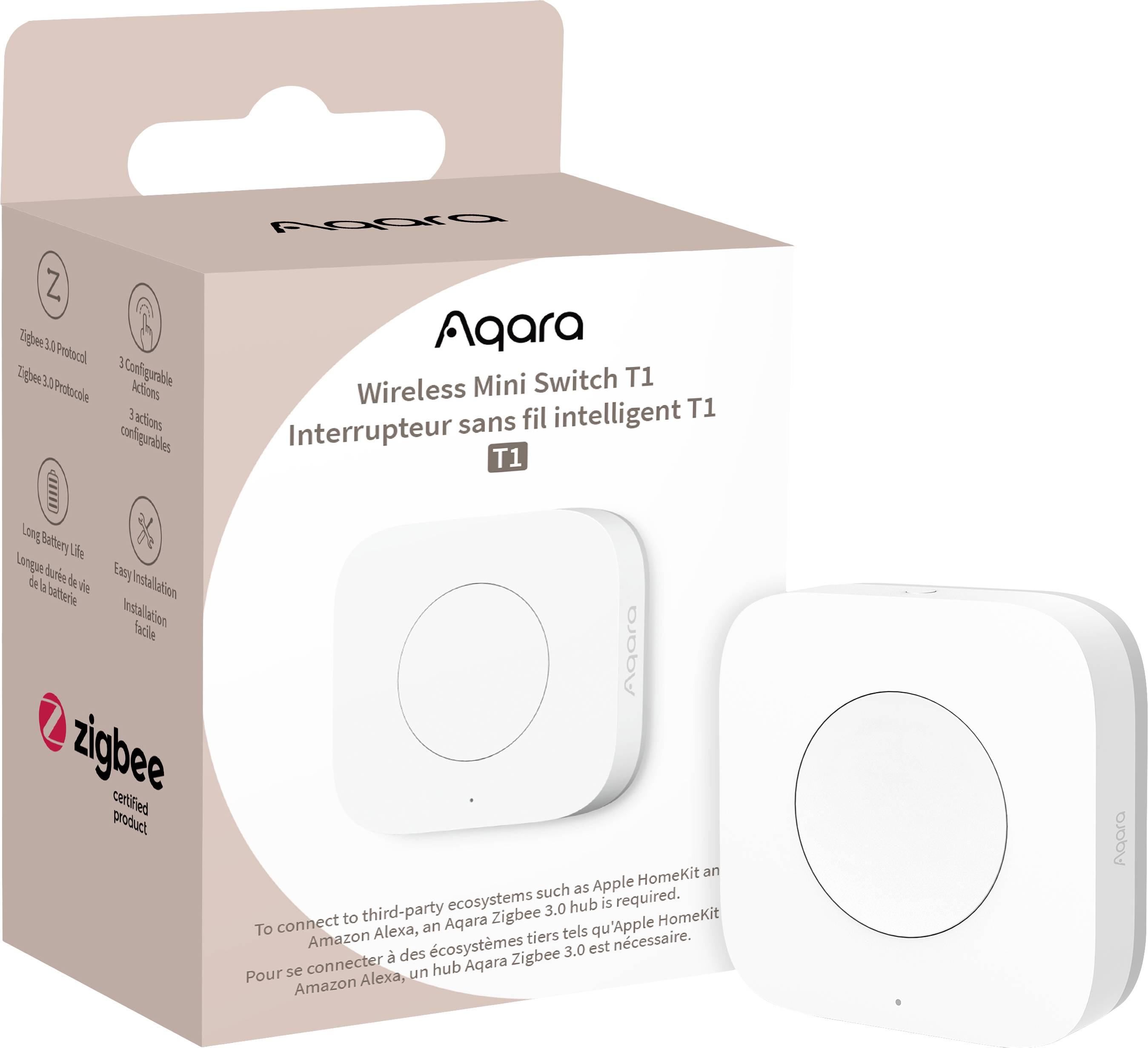Vit, kvadratisk trådlös Mini-kontroll från Aqara. Förpackningen visar 'Aqara Wireless Mini Switch T1'. För Zigbee 3.0-nätverk.