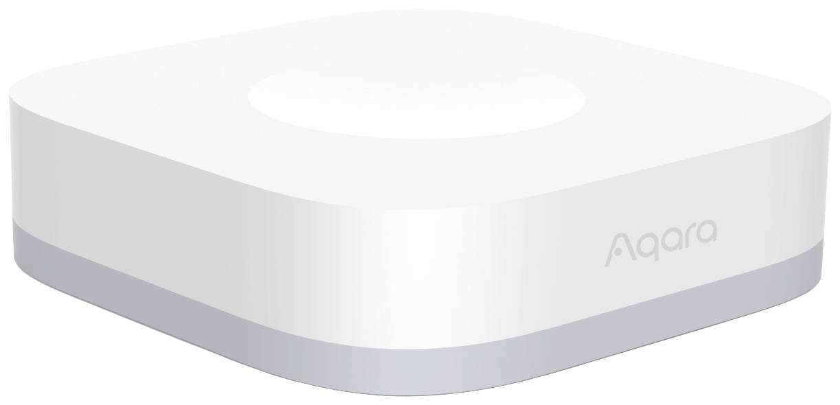 En vit, kvadratisk smart home-enhet från Aqara, lätt avrundat i hörnen, på en ljus bakgrund.