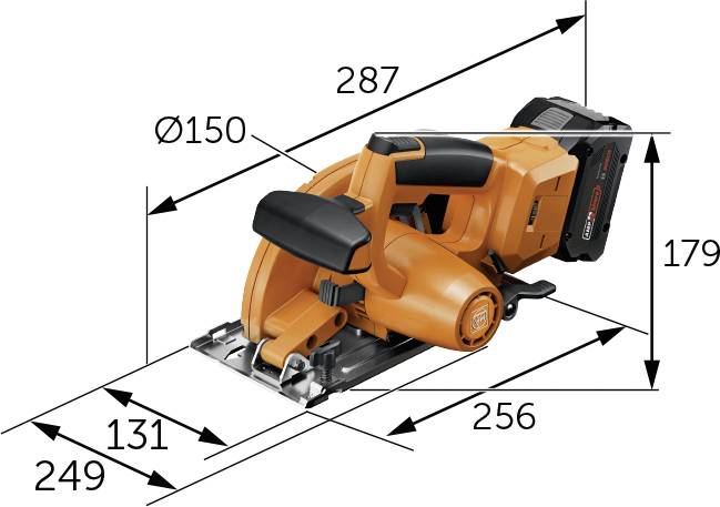 Batterienhet, orange, med handtag och bladskydd; teknisk ritning med dimensioner: längd 287 mm, höjd 179 mm, bladdiameter 150 mm.