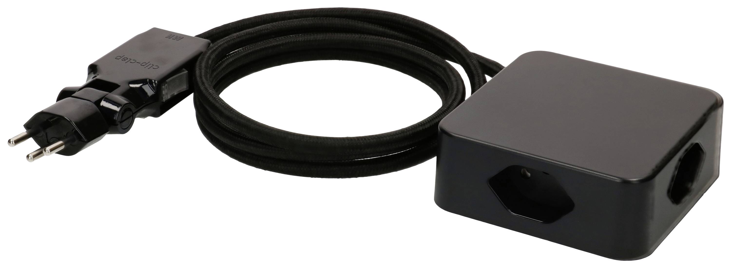 En svart nätadapter med en lång kabel som leder till en rektangulär adapter. Lämplig för strömförsörjning av elektriska apparater.