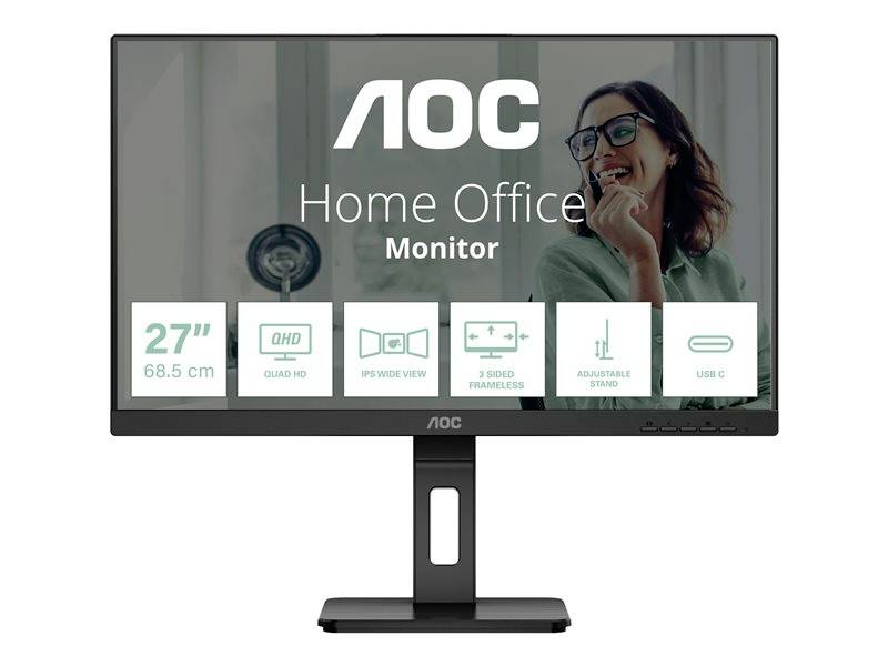 AOC-skärm för hemmakontor med 68,5 cm (27"), QHD, IPS-vidvinkel, ramlöst design, justerbart stativ och USB-C-anslutning.