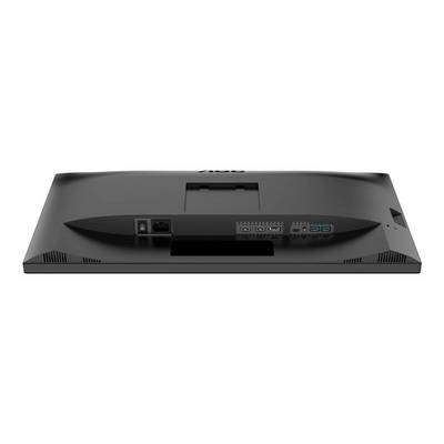 Baksidan av en datorskärm med synliga anslutningar: HDMI, DisplayPort, USB och nätverksanslutning, på vit bakgrund.