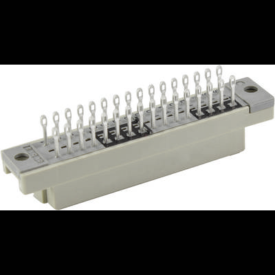 En rektangulär, grå elektrisk kontakt med ett flertal metallstift arrangerade i två rader.
