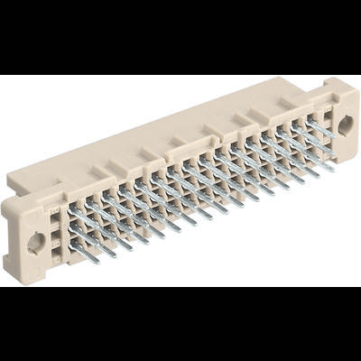 En rektangulär, flerpolig kontakt med plastkapsel och utstickande metallstift på undersidan, avsedd för elektroniska anslutningar.