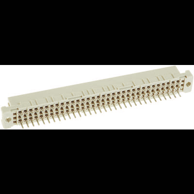 En elektrisk kontakt med flera stift. Beige färg, rektangulär form. Används för att ansluta elektroniska komponenter.