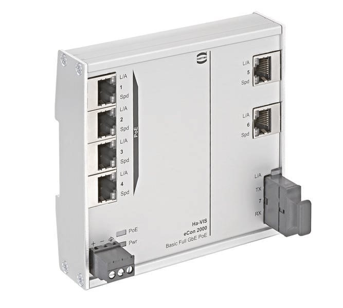 En vit PoE-nätverksswitch med flera Ethernet-portar, en statuslampa och märkningen 'eCon 2000 Basic Full GbE PoE'.
