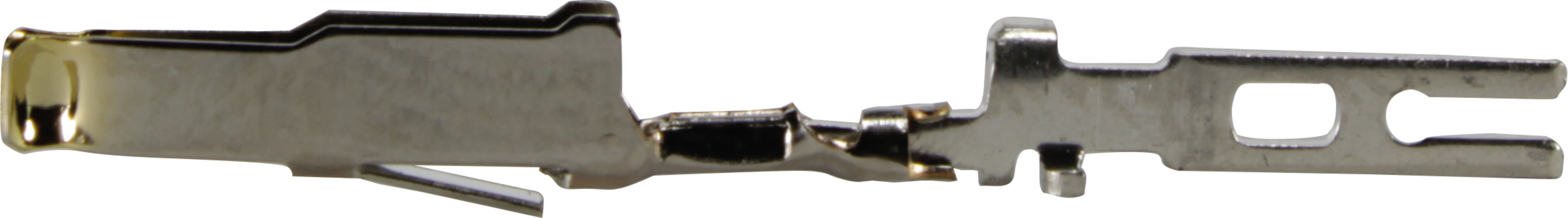 Metallkontaktstift med platt rektangulär bas och två gånger böjt, tångsformat ände. Används för elektriska anslutningar.