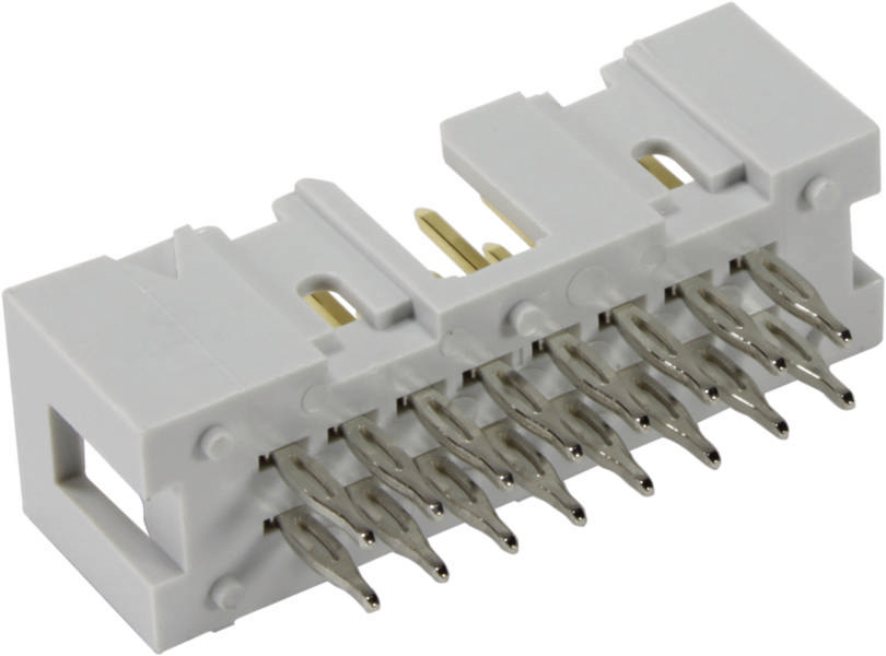 En vit, rektangulär kontakt med flera metallstift för elektroniska anslutningar.