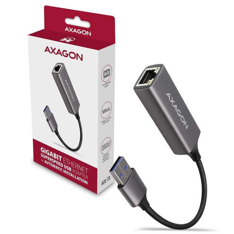 'AXAGON Gigabit Ethernet USB-adapter' förpackning med adapter bredvid. Adaptern har USB-kontakt och Ethernet-uttag. Varumärket tydligt synligt.