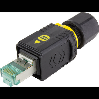 En svart och gul Ethernet-kontakt med skyddshölje, lämplig för industriella tillämpningar.