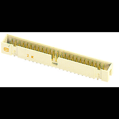 En platt, rektangulär kontakt med många guldiga stift i två rader som fungerar som en elektrisk förbindelsekomponent.