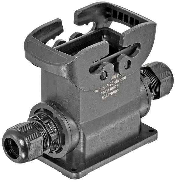 Svart plastinkapsling med två kabelgenomföringar och fäste överst, används för industriella elektriska anslutningar.