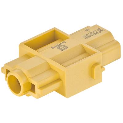 Gul rektangulär plastdetalj med flera utgångar och ett delvis synligt nummer. Sannolikt en elektrisk kontakt.