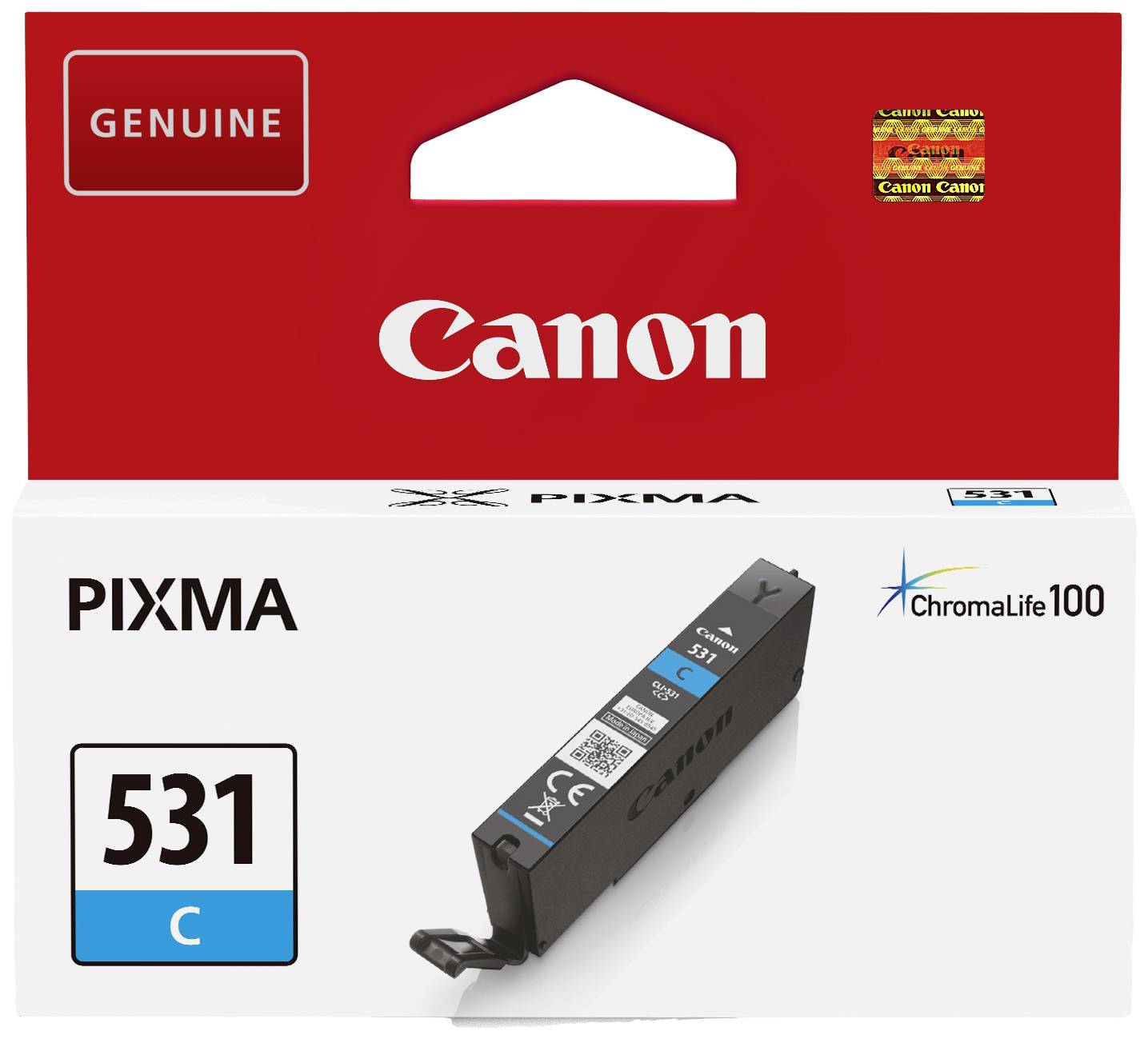 En Canon PIXMA-bläckpatron 531 C (Cyan) i originalförpackningen, lämplig för ChromaLife100-trycksystem.