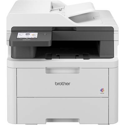 En grå multifunktionsskrivare med kontrollpanel och pappersfack. Varumärket 'Brother' synligt på framsidan.