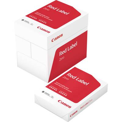 En bunt med Canon Red Label Zero papperskartonger, märkta 'Supervitt papper, utmärkt opacitet, 100% återvunnet' med miljömärkningar.