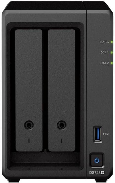 Externt svart NAS-hölje med två hårddiskplatser, statuslysdioder och USB-anslutning på framsidan.