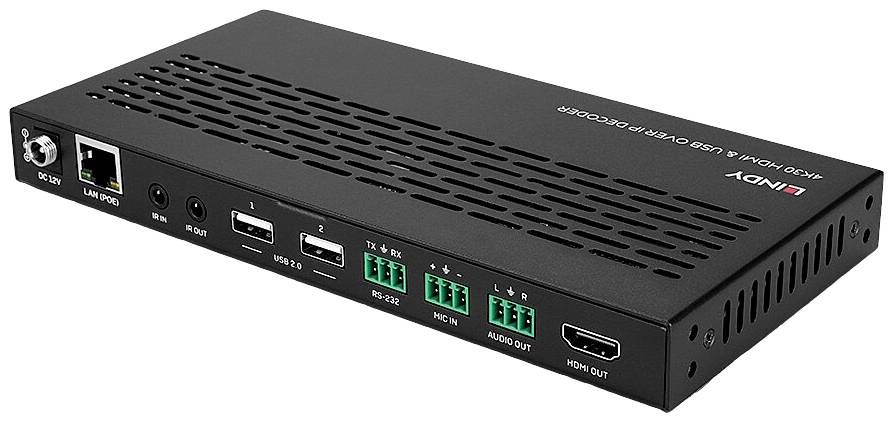 Svart elektronisk enhet med flera anslutningar, inklusive USB, HDMI, Audio och LAN. Används för ljud- och videoöverföring.