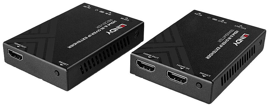Två svarta elektroniska enheter med HDMI-portar och ventilationshål. Båda har 'LINDY'-logotypen och tekniska etiketter.