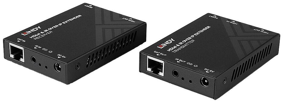 Två svarta HDMI-kabelförlängare från märket Lindy, modell 38173, för video- och ljudöverföring över långa avstånd.