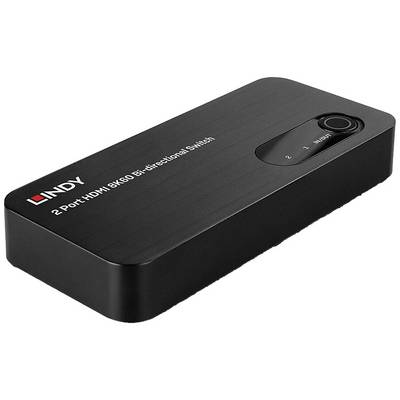 LINDY tvåvägs HDMI-switch med två portar, stöder 8K vid 60Hz, märkt "2 Port HDMI 8K60 Bi-directional Switch".