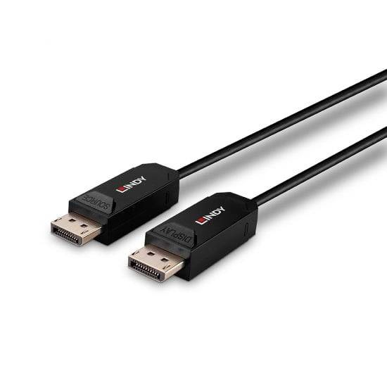 Två svarta DisplayPort-kablar med plastcontakter ligger bredvid varandra på en vit bakgrund. Designade för högupplöst videoöverföring.
