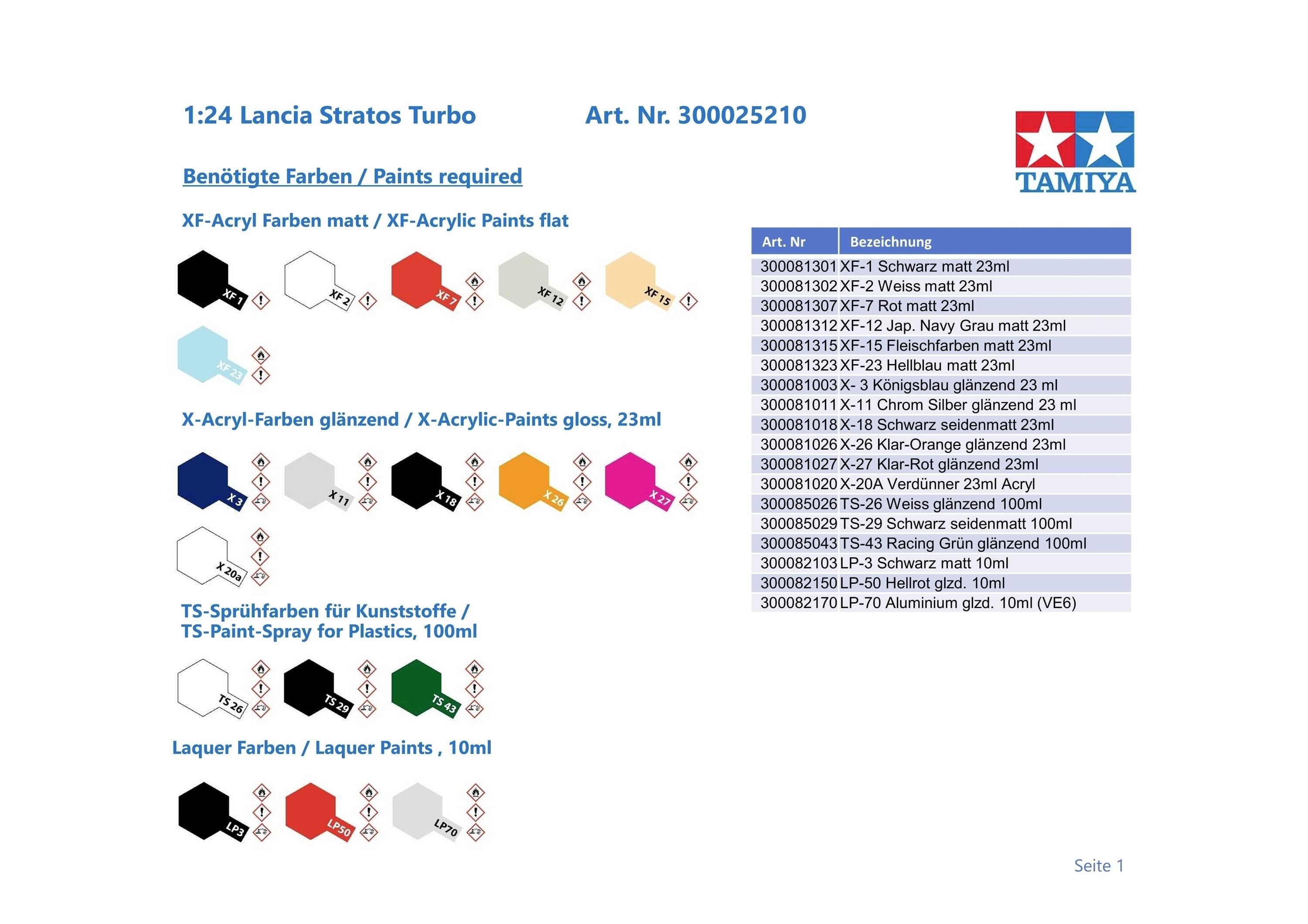 '1:24 Lancia Stratos Turbo, Art. nr. 300025210'; erforderliga färger: XF-Akryl matt, X-Akryl blank, TS-Spraylack, 23-30 ml; Tamiya-logotyp.