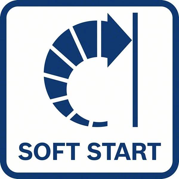 Blått symbol med en halv spiral som övergår till en pil, pekande på en vertikal linje. Under symbolen står 'SOFT START'.