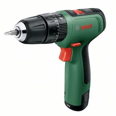 Sladdlös grön och svart batteridrill med röd strömbrytare, skruvmejselinsats och märkt med varumärket 'Bosch'.