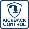 En blå symbol visar en sköld med en böjd pil nedåt ovanför och texten 'KICKBACK CONTROL'. Indikator för säkerhetsfunktion.