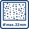 Symbol visar olika stora blå punkter i en rektangulär ram med texten 'ø max. 22 mm', vilket anger en maximal punktstorlek på 22 mm.