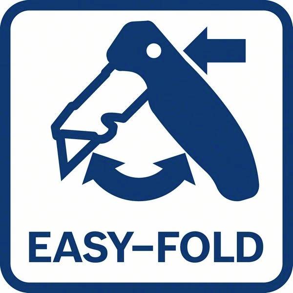 Symbol för en fällkniv med en pil som visar ihopvikning och texten 'Easy-Fold' som beskriver en enkel vikfunktion.