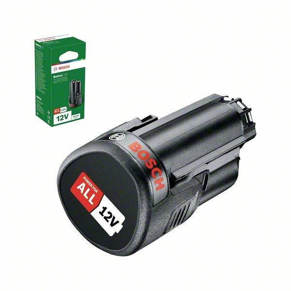 Svart Bosch 12V batteri bredvid förpackningen. "Power for ALL" står på batteriet. Lämplig för olika Bosch elverktyg.