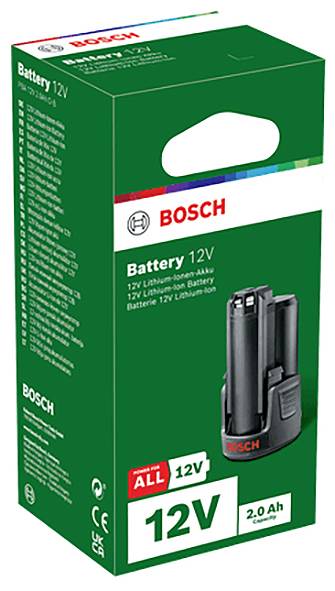 Grön förpackning för Bosch 12V litiumjonbatteri, 2,0 Ah, med bild av batteriet och varumärket. Produktdetaljer på sidan.