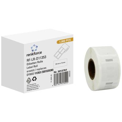 Etikettrulle från renkforce, modell RF-LR-D11353, 25 mm x 13 mm, 1 000 stycken, kompatibel med DYMO 11353, visas bredvid förpackningen.