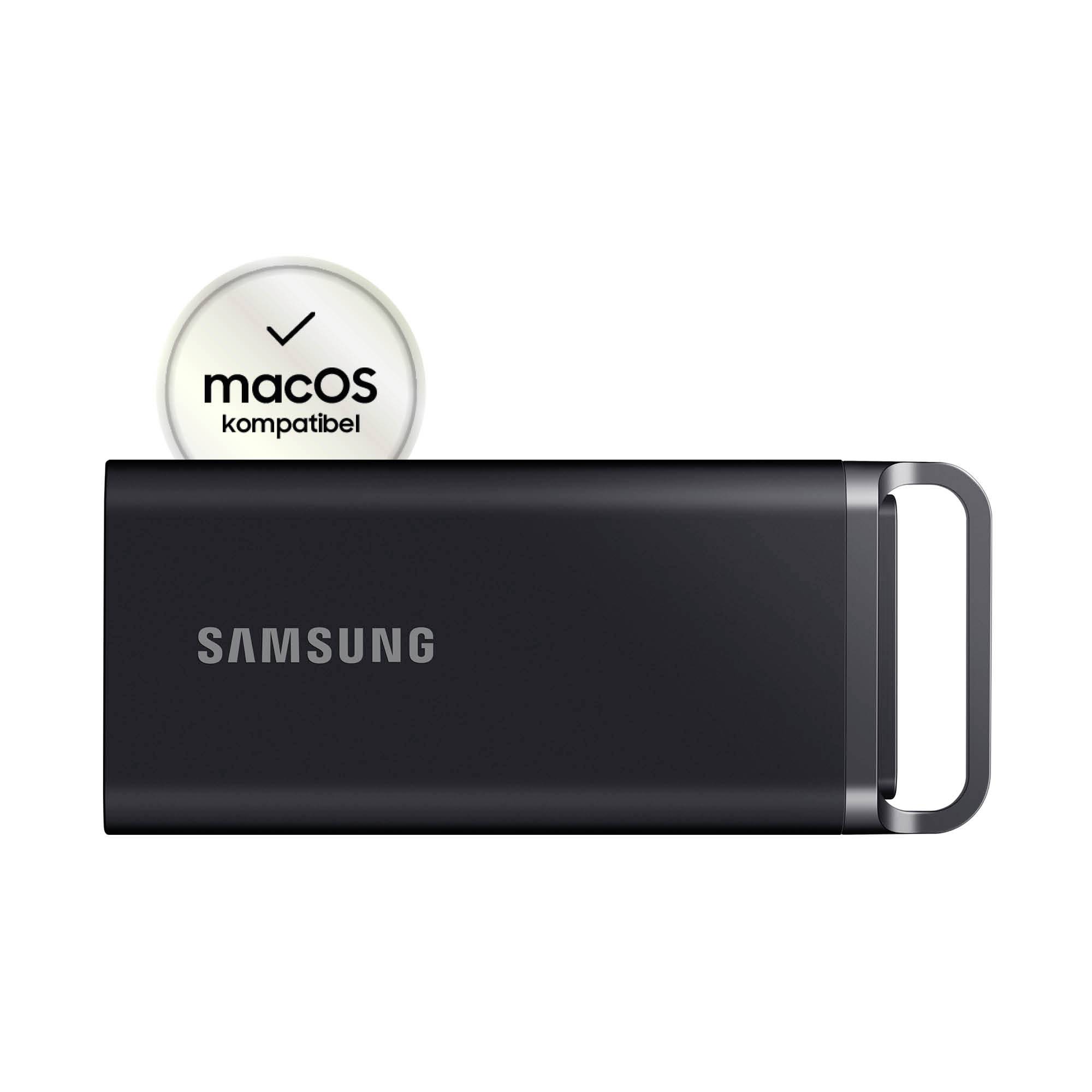 Samsung SSD, svart, med bärrem. Uppe till vänster en symbol med bock och 'macOS kompatibel'.