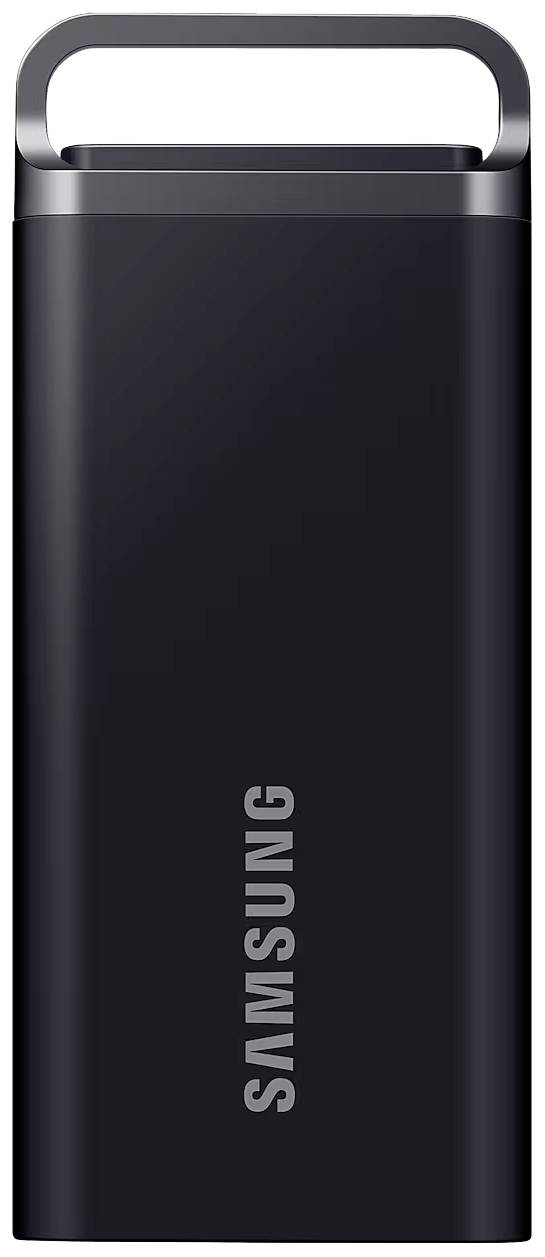En svart, bärbar Samsung SSD med ett integrerat handtag överst och Samsung-logotypen i vitt på framsidan.