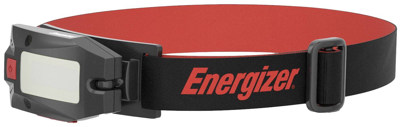 Svart pannband med rött 'Energizer'-logotyp och tillhörande LED-lampa, lämplig för utomhusaktiviteter nattetid.