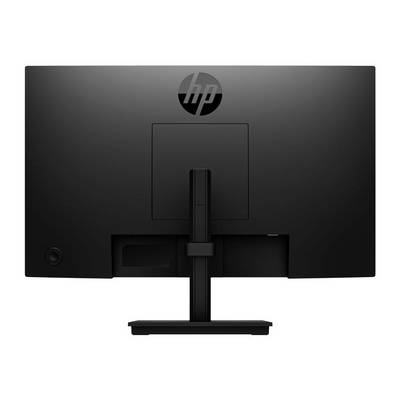 Svart datorskärm sedd bakifrån, märke HP, med rektangulär fot i mitten.