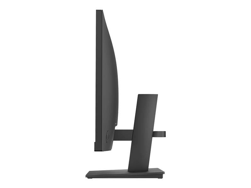 Sidovy av en svart datorskärm på ett stativ, med en lätt böjd skärm och elegant design.