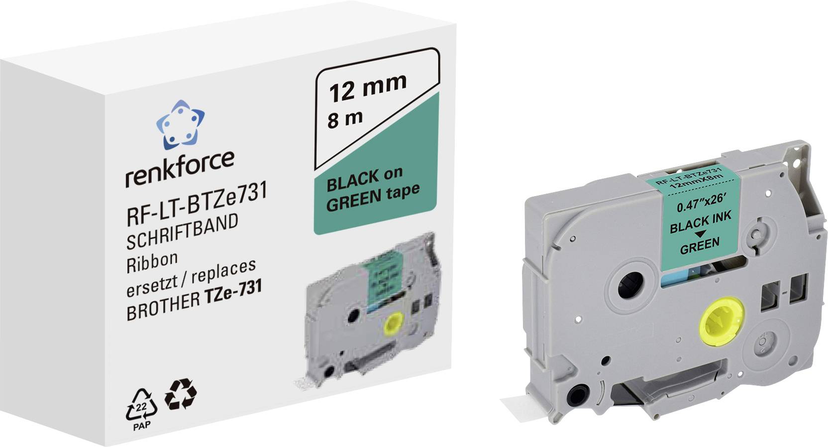 Etikettband 'RF-LT-BTZe731' från renkforce, 12 mm x 8 m, Svart på Grön, ersätter Brother TZe-731. Till vänster är förpackningen, till höger kassetten.