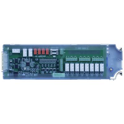 Elektronisk kretskort med flera små, fyrkantiga komponenter, röda knappar och märkta anslutningar i ett hölje.