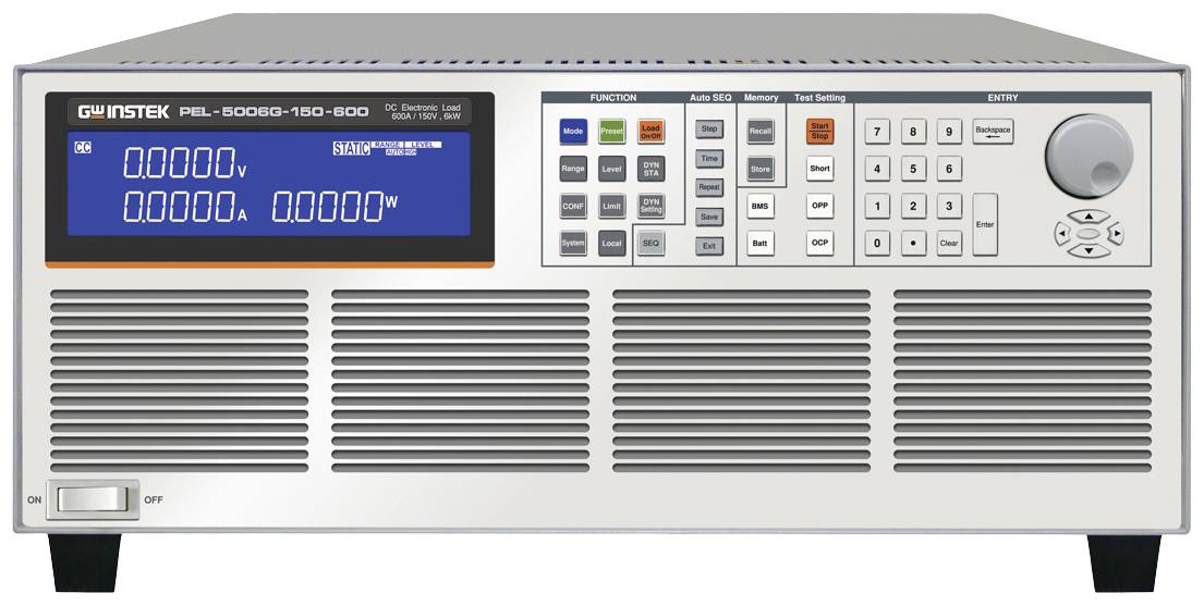 Elektronisk last med digitalt display, olika funktionsknappar och ratt, lämplig för laboratorietester och mätningar.