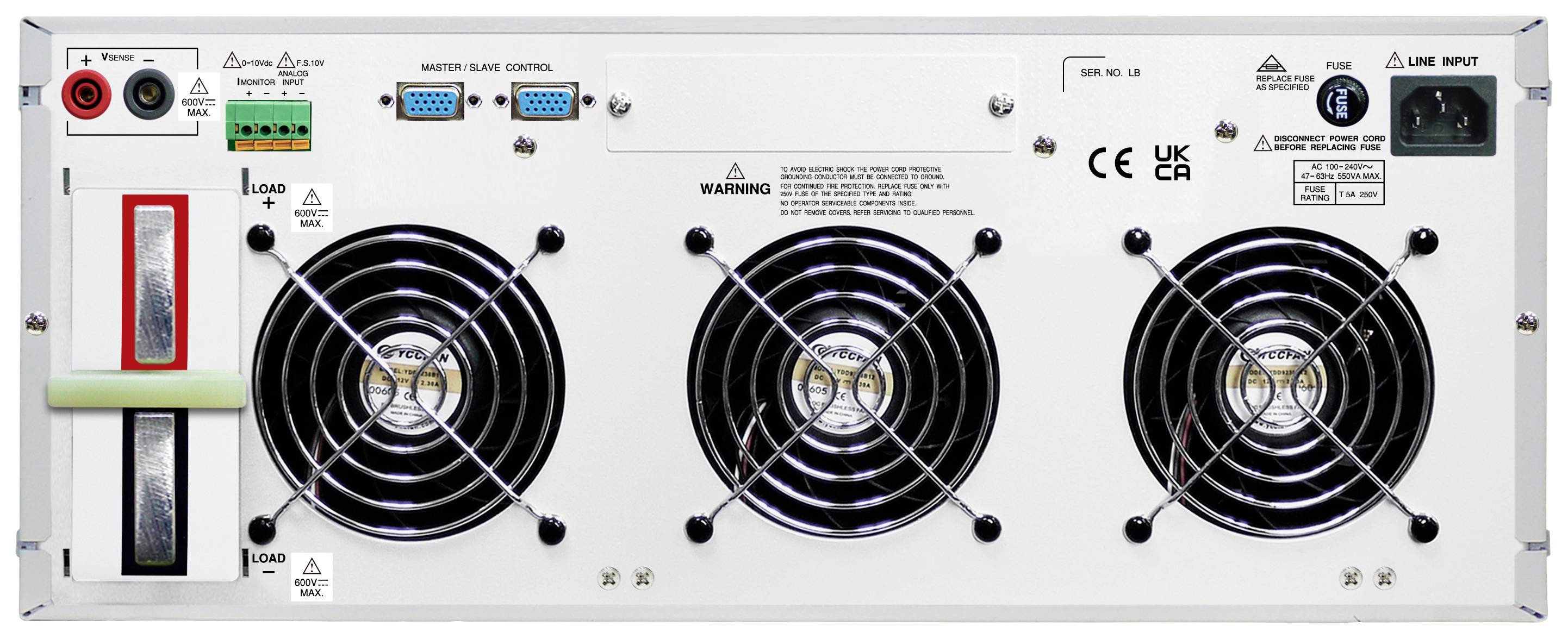 Baksidan av en elektronisk enhet med tre fläktar och flera anslutningar, inklusive ström- och kontrollanslutningar.